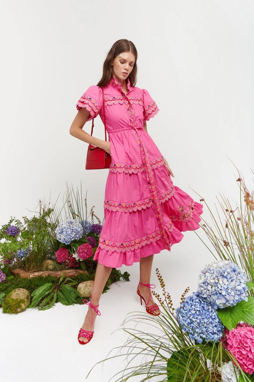 CeliaB Alvis Fuschia Pink Scalloped Edge Tiered Midi Shirt Dress XS $400